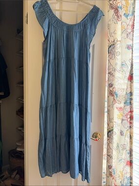 LOFT Light Blue Smocked-Neck Tiered Maxi Dress